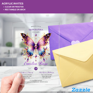 Invitations En Acrylique Douze Ans Papillons QUINCEANERA Violet Bleu Or