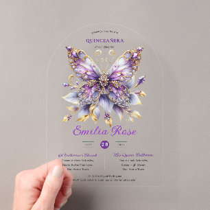 Invitations En Acrylique Douze Ans Papillons QUINCEANERA Violet Bleu Or