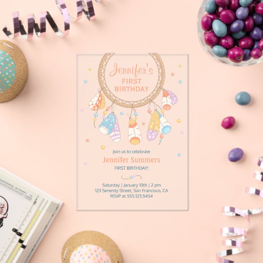 Invitations En Acrylique Dreamcatcher Boho Baby Premier anniversaire Transp (Insitu (Célébration))