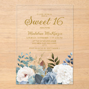 Invitations En Acrylique Dusty Bleu Blanc Floral Doux 16