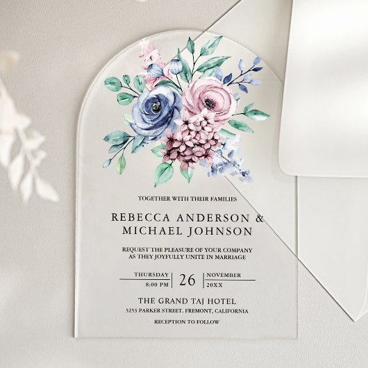 Invitations En Acrylique Dusty Blue and Pink Floral Wedding