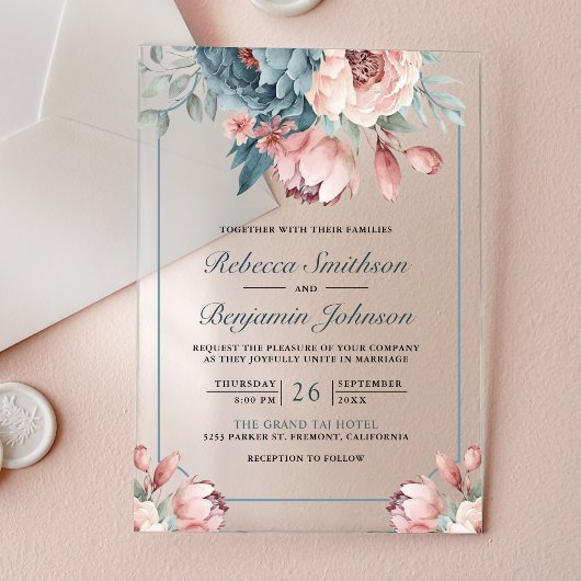 Invitations En Acrylique Dusty Blue and Pink Floral Wedding