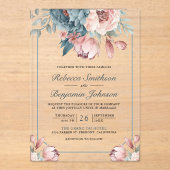 Invitations En Acrylique Dusty Blue and Pink Floral Wedding (Recto)