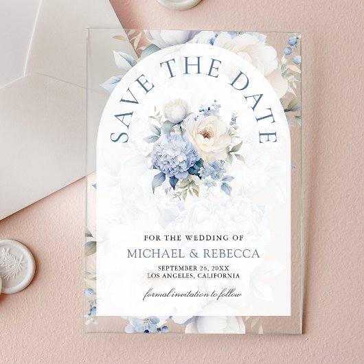 Invitations En Acrylique Dusty Blue and White Floral Wedding Save the Date