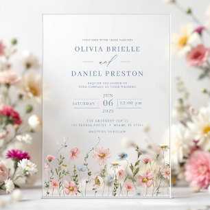 Invitations En Acrylique Dusty Blue Boho Fleur sauvage Jardin Mariage