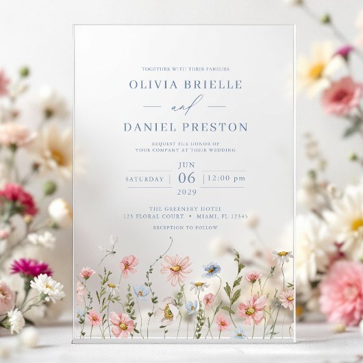 Invitations En Acrylique Dusty Blue Boho Fleur sauvage Jardin Mariage