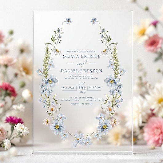 Invitations En Acrylique Dusty Blue Boho Fleur sauvage Jardin Mariage