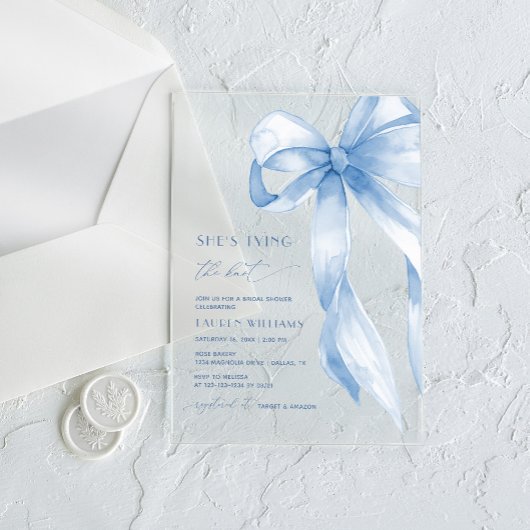 Invitations En Acrylique Dusty Blue Bow She's Tying the Knot Fête des marié