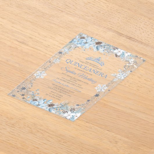 Invitations En Acrylique Dusty Blue Christmas Floral Snowflake Quinceañera (Poser)