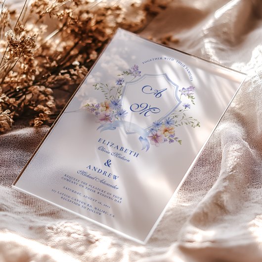 Invitations En Acrylique Dusty Blue Crest Floral Wedding