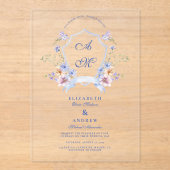 Invitations En Acrylique Dusty Blue Crest Floral Wedding (Recto)