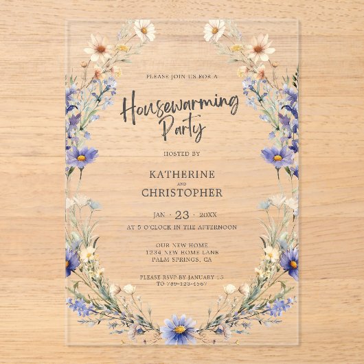 Invitations En Acrylique Dusty Blue Fleurs sauvages Custom House Party (Recto)