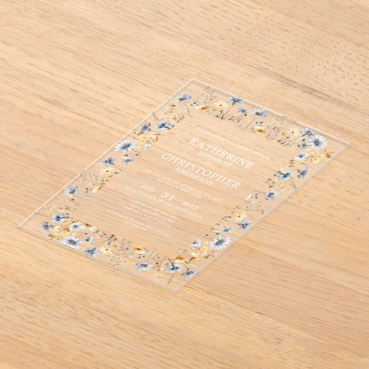 Invitations En Acrylique Dusty Blue Fleurs sauvages mariage élégant (Poser)