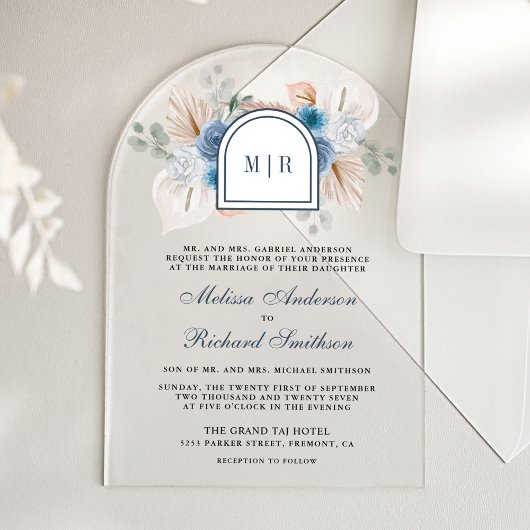 Invitations En Acrylique Dusty Blue Floral Boho Pampas Wedding