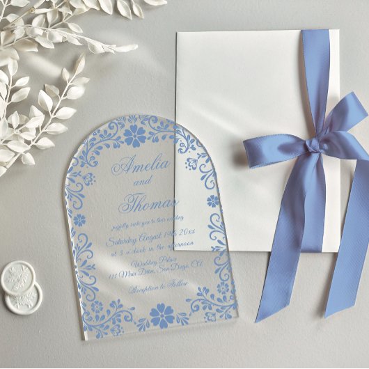 Invitations En Acrylique Dusty Blue Floral Mariage