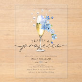 Invitations En Acrylique Dusty Blue Floral Pearls & Prosecco Fête des marié (Recto)