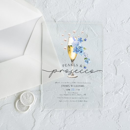 Invitations En Acrylique Dusty Blue Floral Pearls & Prosecco Fête des marié