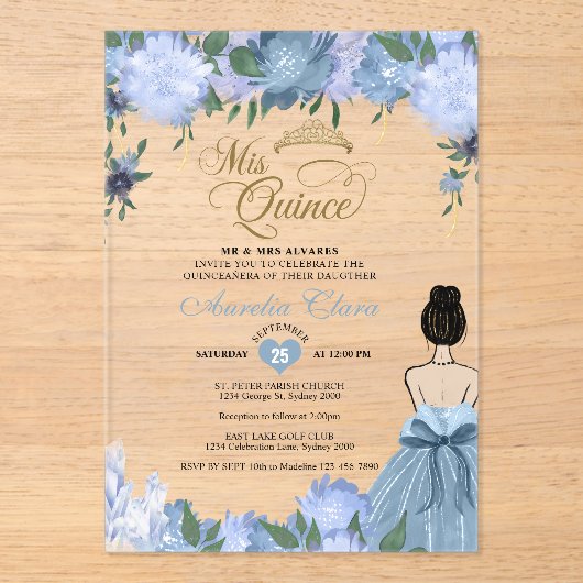 Invitations En Acrylique Dusty Blue Floral Princess Mis Quince Quinceañera (Recto)