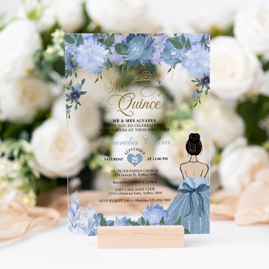 Invitations En Acrylique Dusty Blue Floral Princess Mis Quince Quinceañera