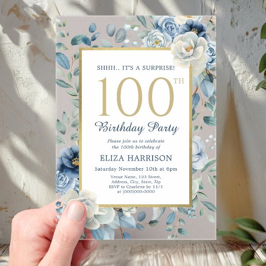 Invitations En Acrylique Dusty Blue Floral Surprise 100e anniversaire