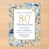 Invitations En Acrylique Dusty Blue Floral Surprise 80e anniversaire (Recto)