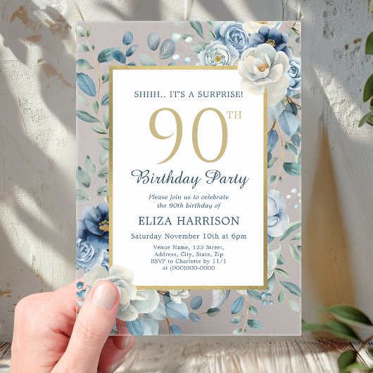 Invitations En Acrylique Dusty Blue Floral Surprise 90e anniversaire