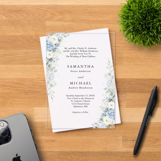 Invitations En Acrylique Dusty Blue Florals Both Parents Names Wedding (Insitu (Carte d'invitation))