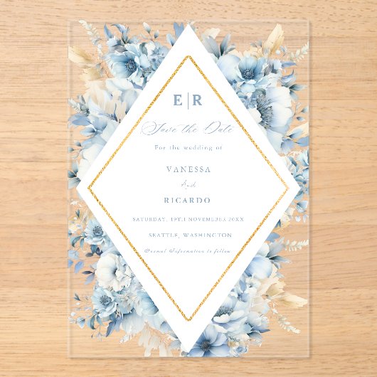 Invitations En Acrylique Dusty Blue Gold Floral Bloom tout en un Mariage (Recto)