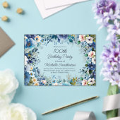 Invitations En Acrylique Dusty Blue Navy Blanc Floral 100e anniversaire (Insitu (Mariage))