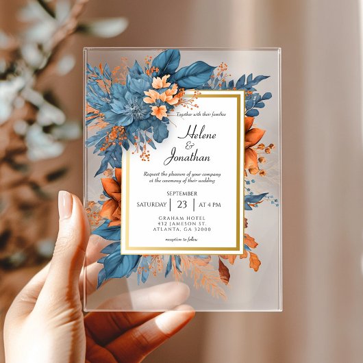 Invitations En Acrylique Dusty Blue Orange Floral Elegant Boho Mariage