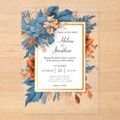Invitations En Acrylique Dusty Blue Orange Floral Elegant Boho Mariage (Recto)