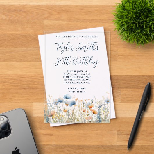Invitations En Acrylique Dusty Blue Peach Fleurs sauvages 30e anniversaire (Insitu (Carte d'invitation))