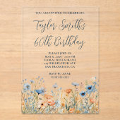 Invitations En Acrylique Dusty Blue Peach Fleurs sauvages 60e anniversaire (Recto)