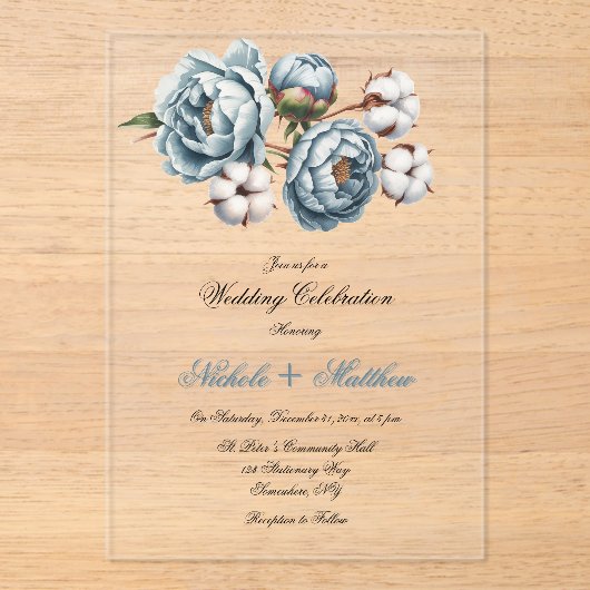 Invitations En Acrylique Dusty Blue Peony and Cotton Wedding (Recto)