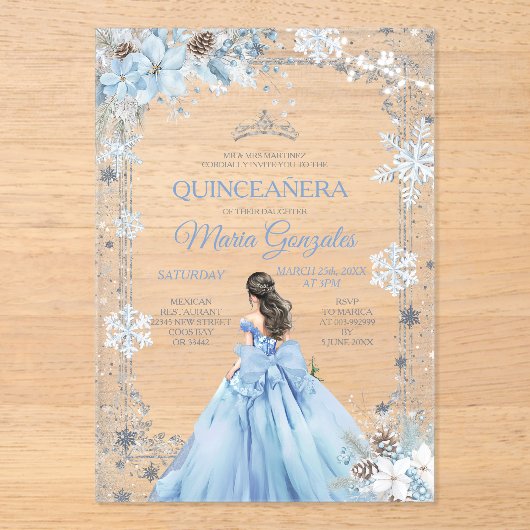 Invitations En Acrylique Dusty Blue Princess Floral Winter Snow Quinceañera (Recto)