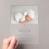 Invitations En Acrylique Dusty Blue Religieux Cross Boy Photo Baptême (In situ (ordinateur de poche))