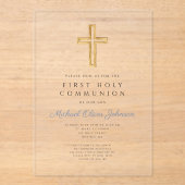 Invitations En Acrylique Dusty Blue Religious Cross Boy First Communion (Recto)