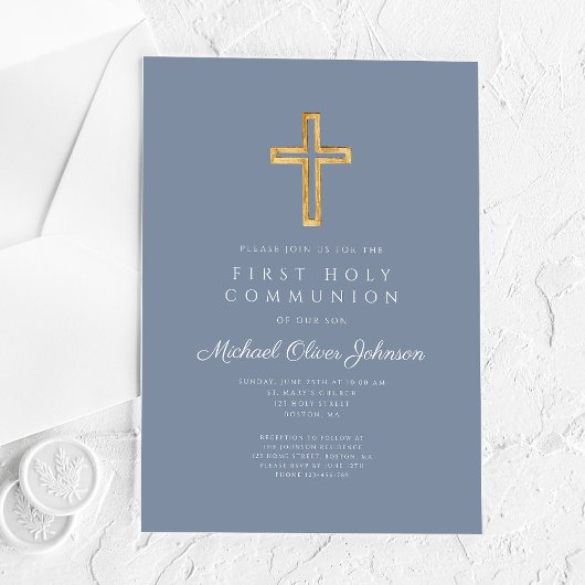 Invitations En Acrylique Dusty Blue Religious Cross Boy First Communion