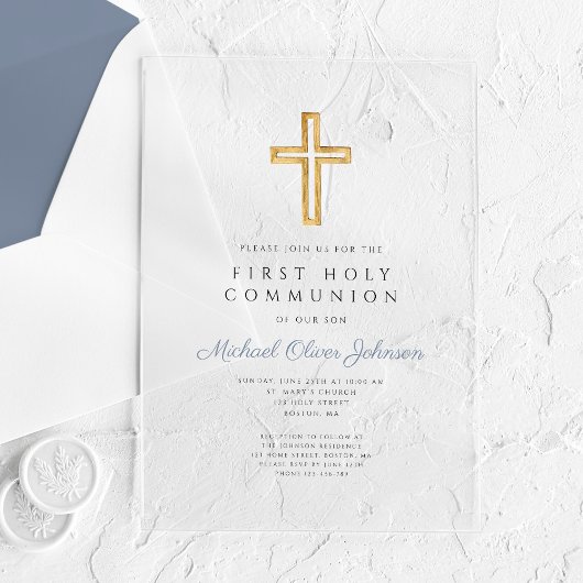 Invitations En Acrylique Dusty Blue Religious Cross Boy First Communion