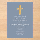 Invitations En Acrylique Dusty Blue Religious Cross Boy First Communion (Recto)