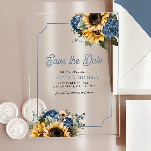 Invitations En Acrylique Dusty Blue Roses Sunflower Mariage Enregistrer la