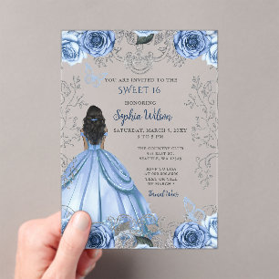 Invitations En Acrylique Dusty Blue Silver Floral Princess SWEET 16
