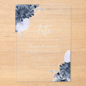 Invitations En Acrylique Dusty Blue Silver Floral Wedding Save the Date (Recto)