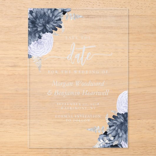Invitations En Acrylique Dusty Blue Silver Floral Wedding Save the Date (Recto)