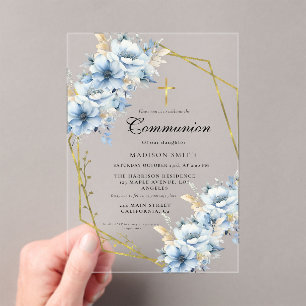 Invitations En Acrylique Dusty Fleur sauvage d'or bleu première communion s