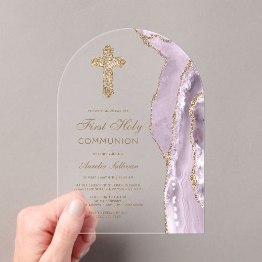 Invitations En Acrylique Dusty Lilac Agate First Communion (In situ (ordinateur de poche))