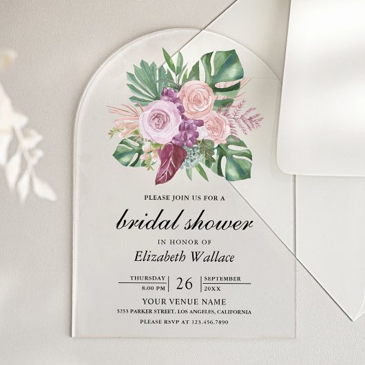 Invitations En Acrylique Dusty Pink Roses Tropical Monstera Bridal Shower
