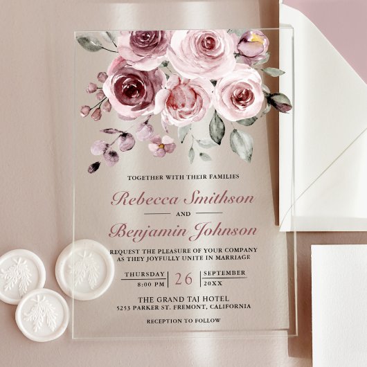 Invitations En Acrylique Dusty Pink Roses Wedding