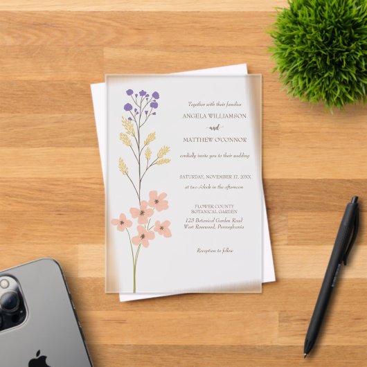 Invitations En Acrylique Dusty Purple, Peach Simple Floral Wedding (Insitu (Carte d'invitation))