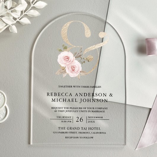 Invitations En Acrylique Dusty Rose Blush Floral Ampersand Wedding
